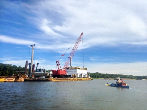 A docked dredging operation